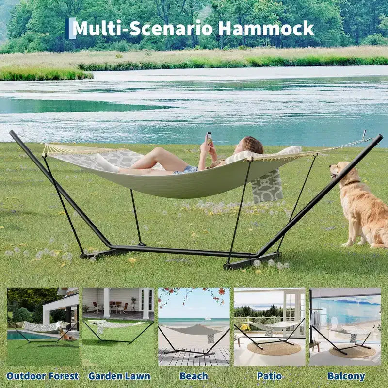 Hamac double d'extérieur avec support en acier robuste et réglable, hamac portable 2 personnes pour patio, jardin, plage, arrière-cour, capacité de 204 kg pour la relaxation