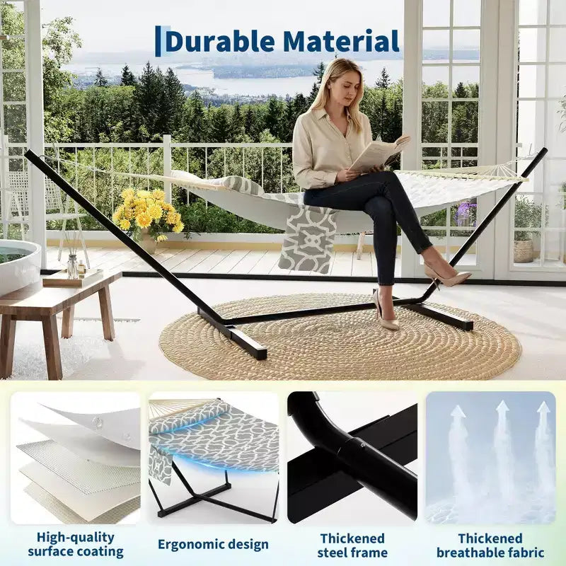 Hamac double d'extérieur avec support en acier robuste et réglable, hamac portable 2 personnes pour patio, jardin, plage, arrière-cour, capacité de 204 kg pour la relaxation