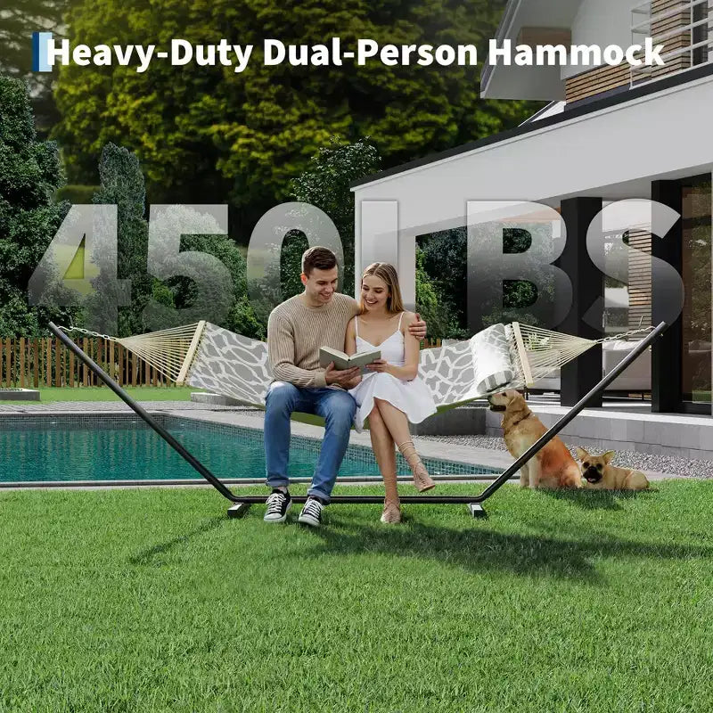 Hamac double d'extérieur avec support en acier robuste et réglable, hamac portable 2 personnes pour patio, jardin, plage, arrière-cour, capacité de 204 kg pour la relaxation