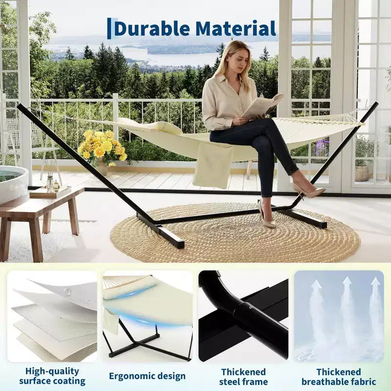 Hamac double d'extérieur avec support en acier robuste et réglable, hamac portable 2 personnes pour patio, jardin, plage, arrière-cour, capacité de 204 kg pour la relaxation