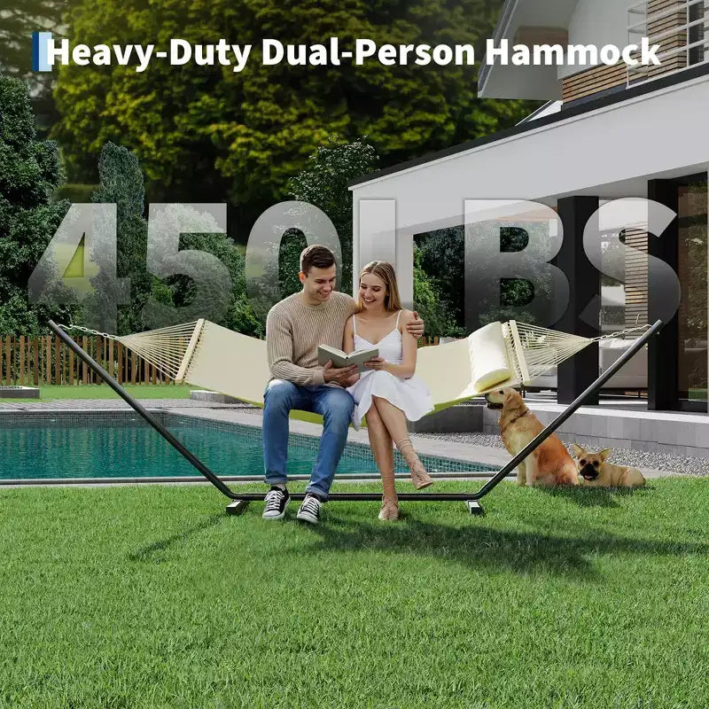 Hamac double d'extérieur avec support en acier robuste et réglable, hamac portable 2 personnes pour patio, jardin, plage, arrière-cour, capacité de 204 kg pour la relaxation