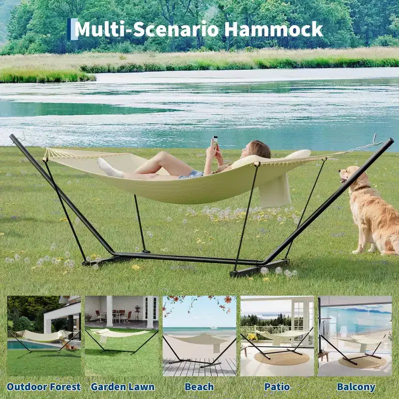 Hamac double d'extérieur avec support en acier robuste et réglable, hamac portable 2 personnes pour patio, jardin, plage, arrière-cour, capacité de 204 kg pour la relaxation