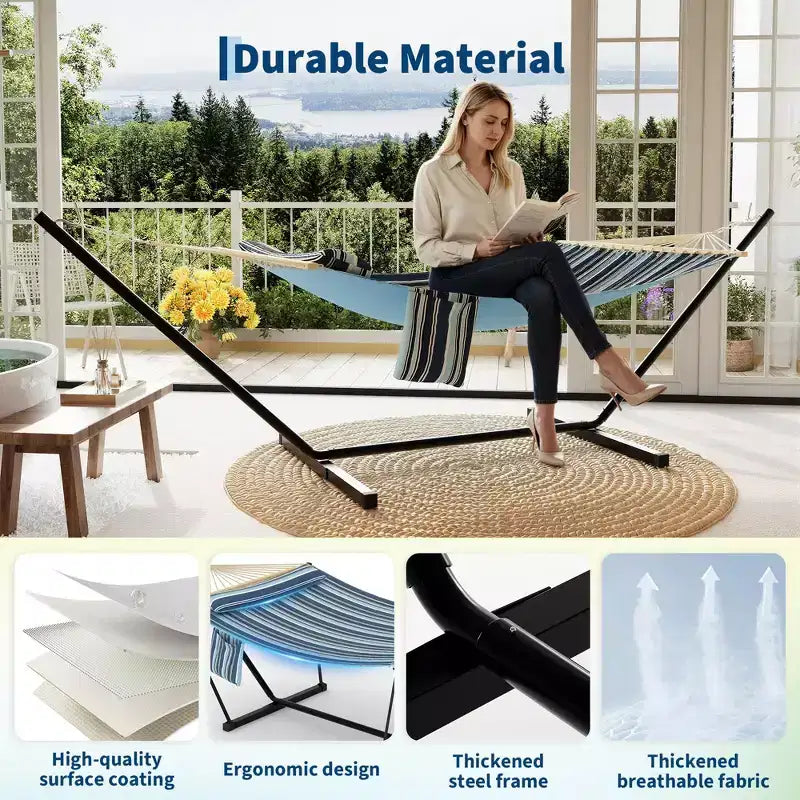 Hamac double d'extérieur avec support en acier robuste et réglable, hamac portable 2 personnes pour patio, jardin, plage, arrière-cour, capacité de 204 kg pour la relaxation