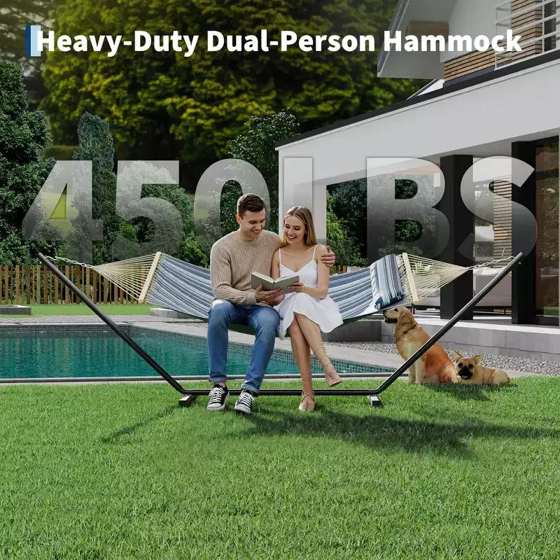 Hamac double d'extérieur avec support en acier robuste et réglable, hamac portable 2 personnes pour patio, jardin, plage, arrière-cour, capacité de 204 kg pour la relaxation