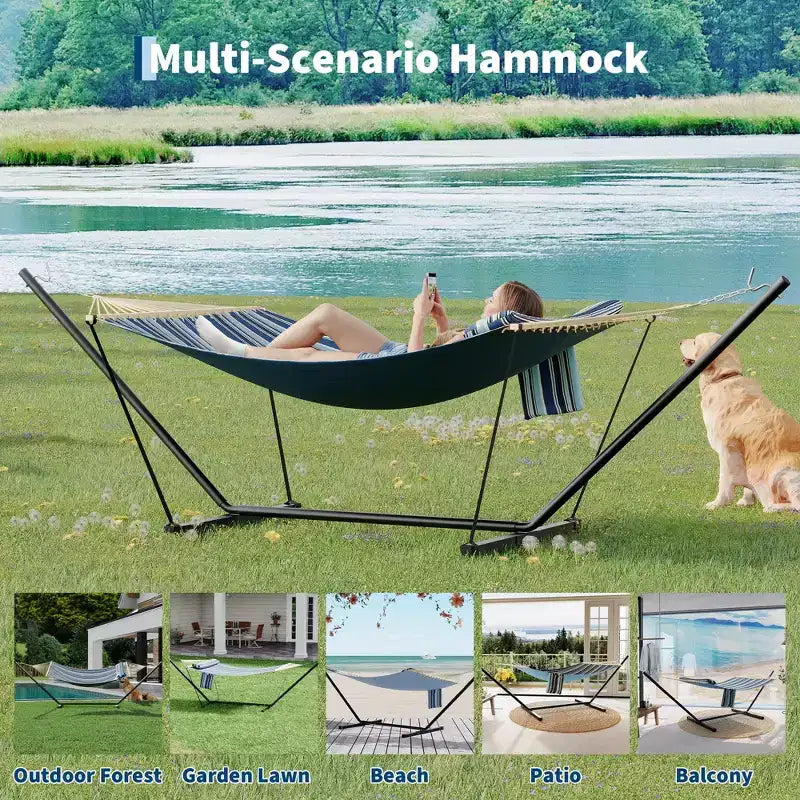 Hamac double d'extérieur avec support en acier robuste et réglable, hamac portable 2 personnes pour patio, jardin, plage, arrière-cour, capacité de 204 kg pour la relaxation