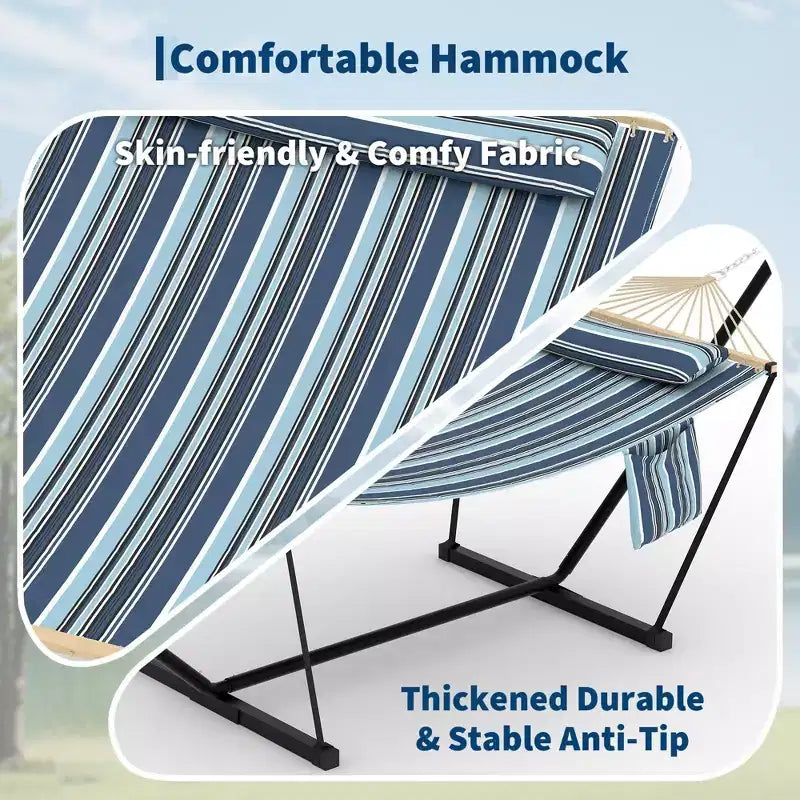 Hamac double d'extérieur avec support en acier robuste et réglable, hamac portable 2 personnes pour patio, jardin, plage, arrière-cour, capacité de 204 kg pour la relaxation