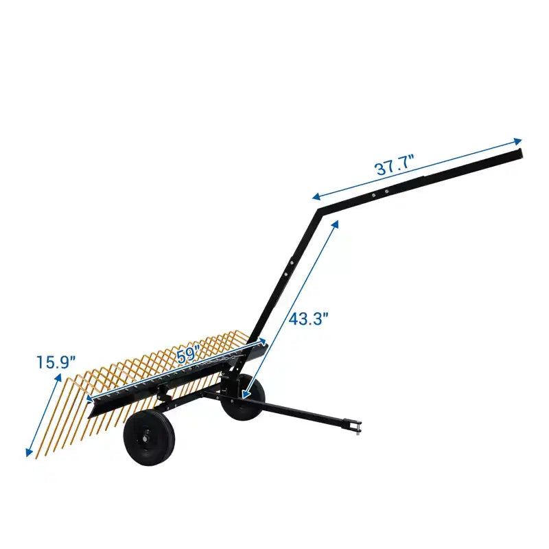 Râteau, râteau à traîner 60 pouces en acier robuste pour la paille de pin, pour VTT, UTV, tracteur, résistant à la corrosion avec 24 dents, poignée de levage et 2 roues