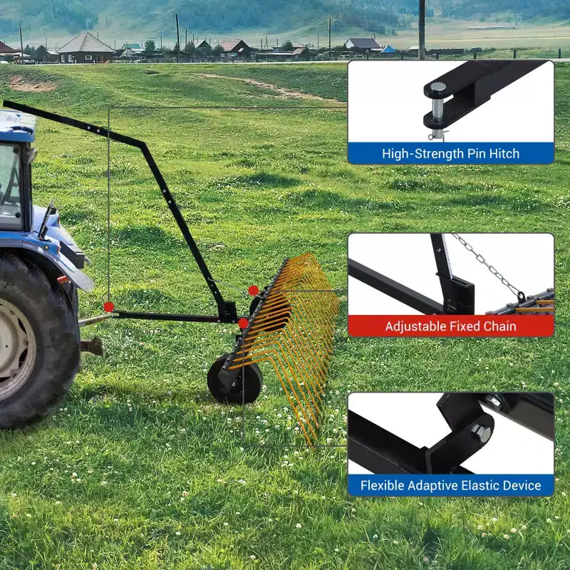Râteau, râteau à traîner 60 pouces en acier robuste pour la paille de pin, pour VTT, UTV, tracteur, résistant à la corrosion avec 24 dents, poignée de levage et 2 roues