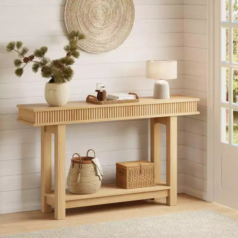 Wooden Farmhouse Console Table  Fluted 2-Tier Design with Shelf, Narrow for Entryway, Hallway, Behind Sofa  Natural Wood