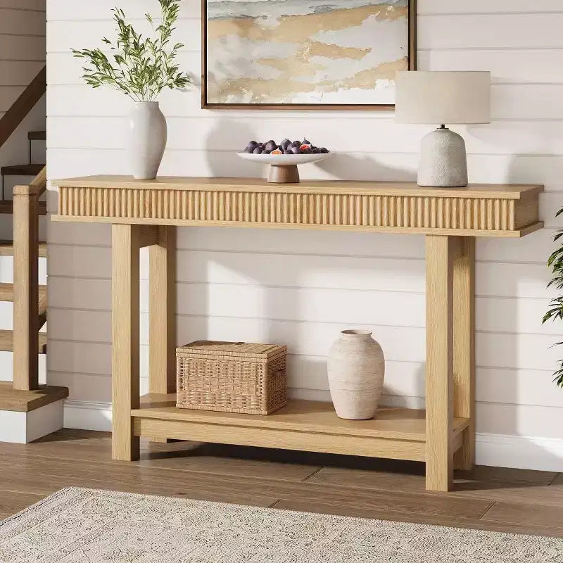 Console en bois de style ferme – Design cannelé à 2 niveaux avec étagère, étroite pour entrée, couloir, derrière le canapé – Bois naturel