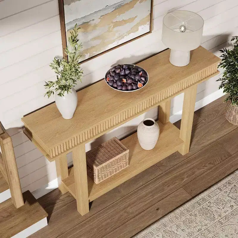 Console en bois de style ferme – Design cannelé à 2 niveaux avec étagère, étroite pour entrée, couloir, derrière le canapé – Bois naturel