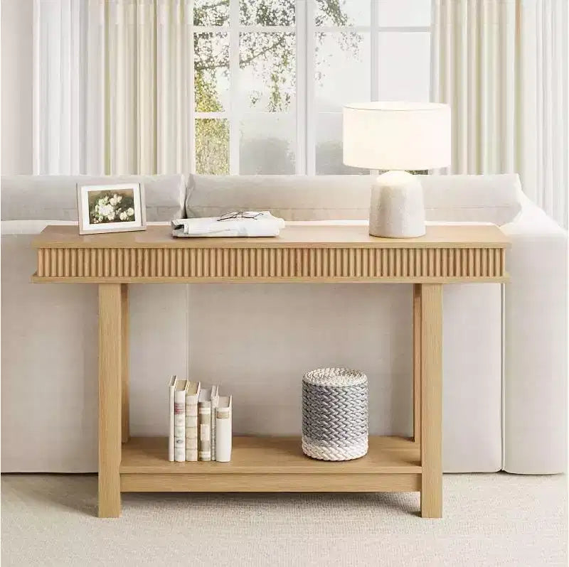 Console en bois de style ferme – Design cannelé à 2 niveaux avec étagère, étroite pour entrée, couloir, derrière le canapé – Bois naturel