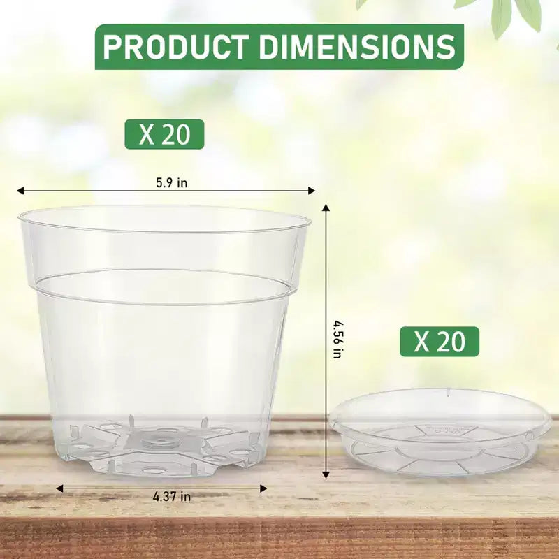 Pots de pépinière transparents pour plantes avec soucoupes et trous de drainage, pots de fleurs en plastique très transparents, idéaux pour le jardinage intérieur et extérieur