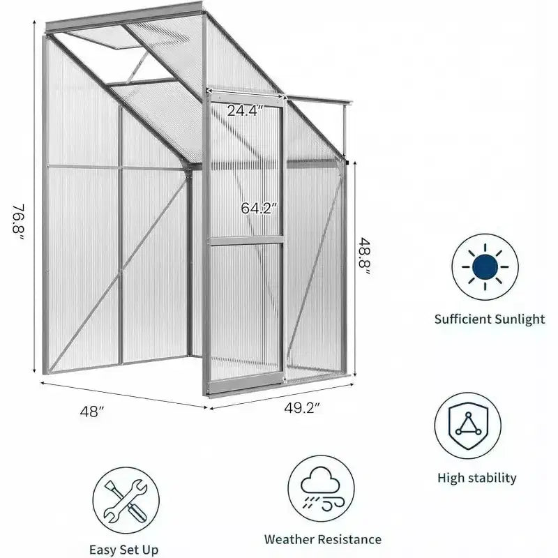 Petite serre de jardin avec panneaux en polycarbonate, fenêtre de toit réglable, porte coulissante, pour terrasse