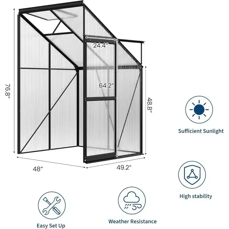 Petite serre de jardin avec panneaux en polycarbonate, fenêtre de toit réglable, porte coulissante, pour terrasse