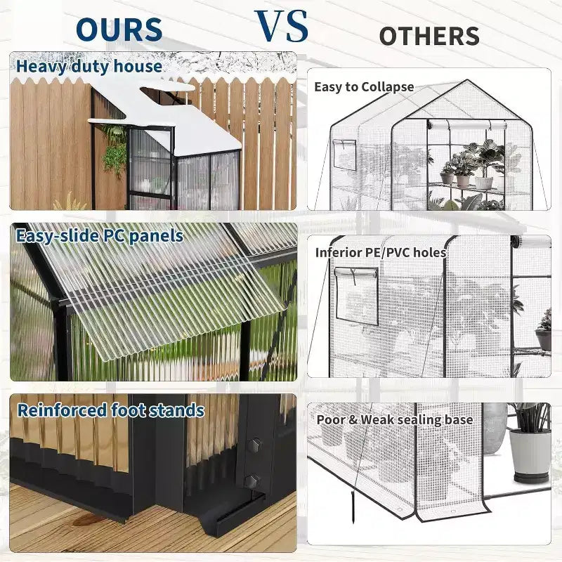 Petite serre de jardin avec panneaux en polycarbonate, fenêtre de toit réglable, porte coulissante, pour terrasse