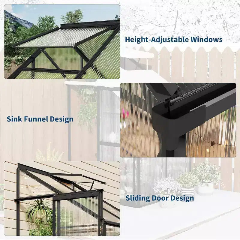 Petite serre de jardin avec panneaux en polycarbonate, fenêtre de toit réglable, porte coulissante, pour terrasse