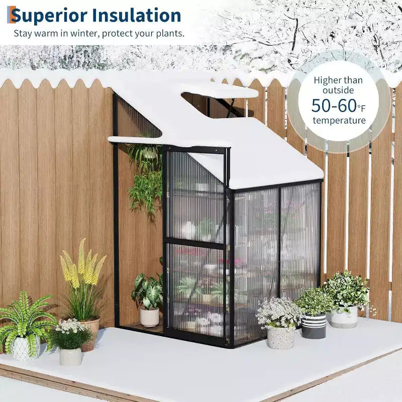 Petite serre de jardin avec panneaux en polycarbonate, fenêtre de toit réglable, porte coulissante, pour terrasse