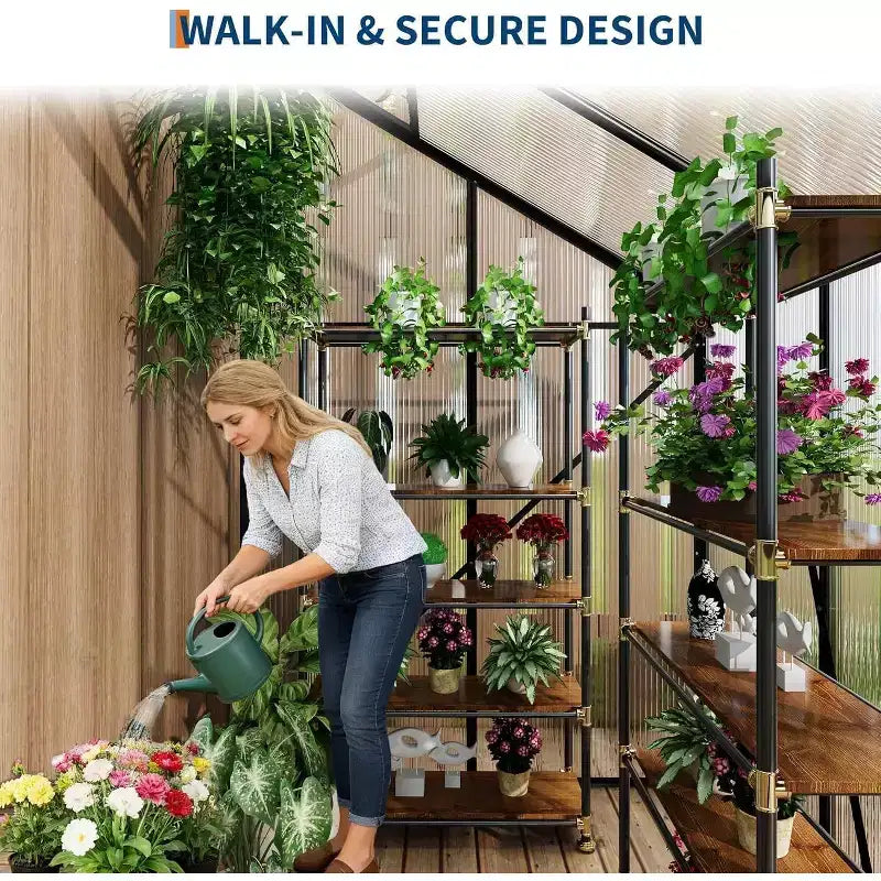 Petite serre de jardin avec panneaux en polycarbonate, fenêtre de toit réglable, porte coulissante, pour terrasse
