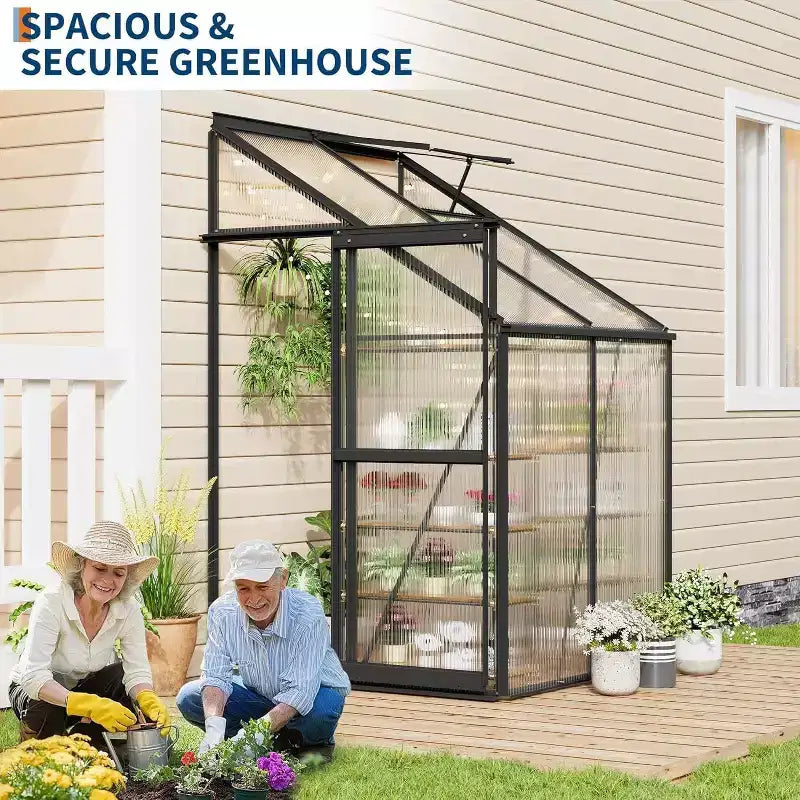 Petite serre de jardin avec panneaux en polycarbonate, fenêtre de toit réglable, porte coulissante, pour terrasse