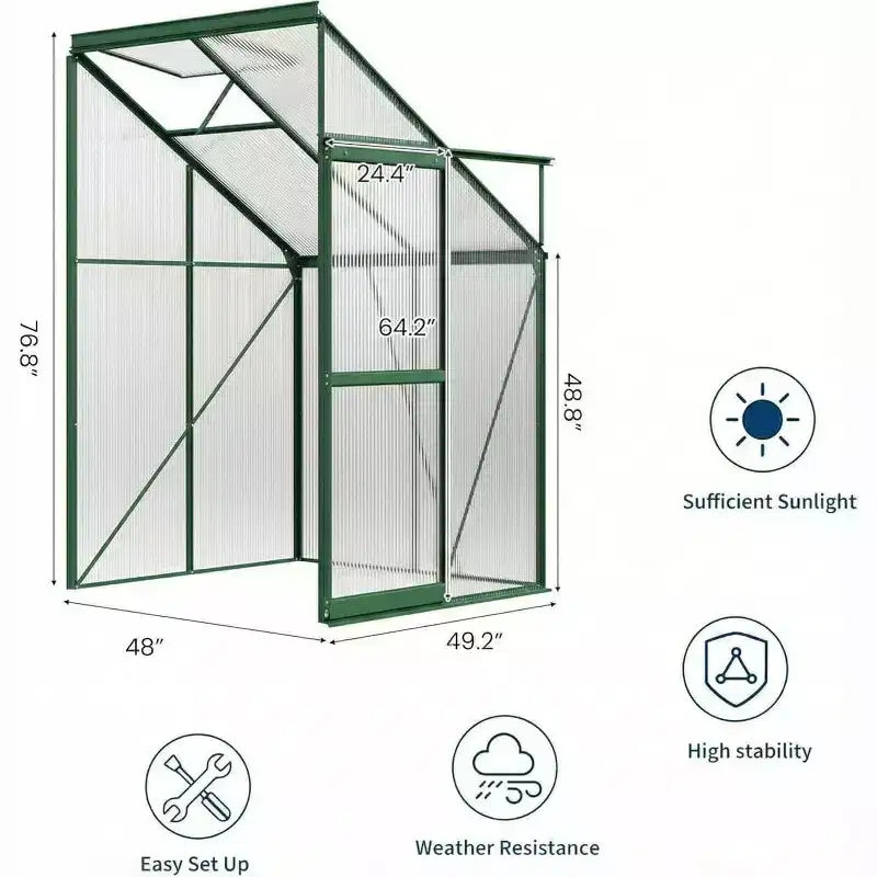 Petite serre de jardin avec panneaux en polycarbonate, fenêtre de toit réglable, porte coulissante, pour terrasse