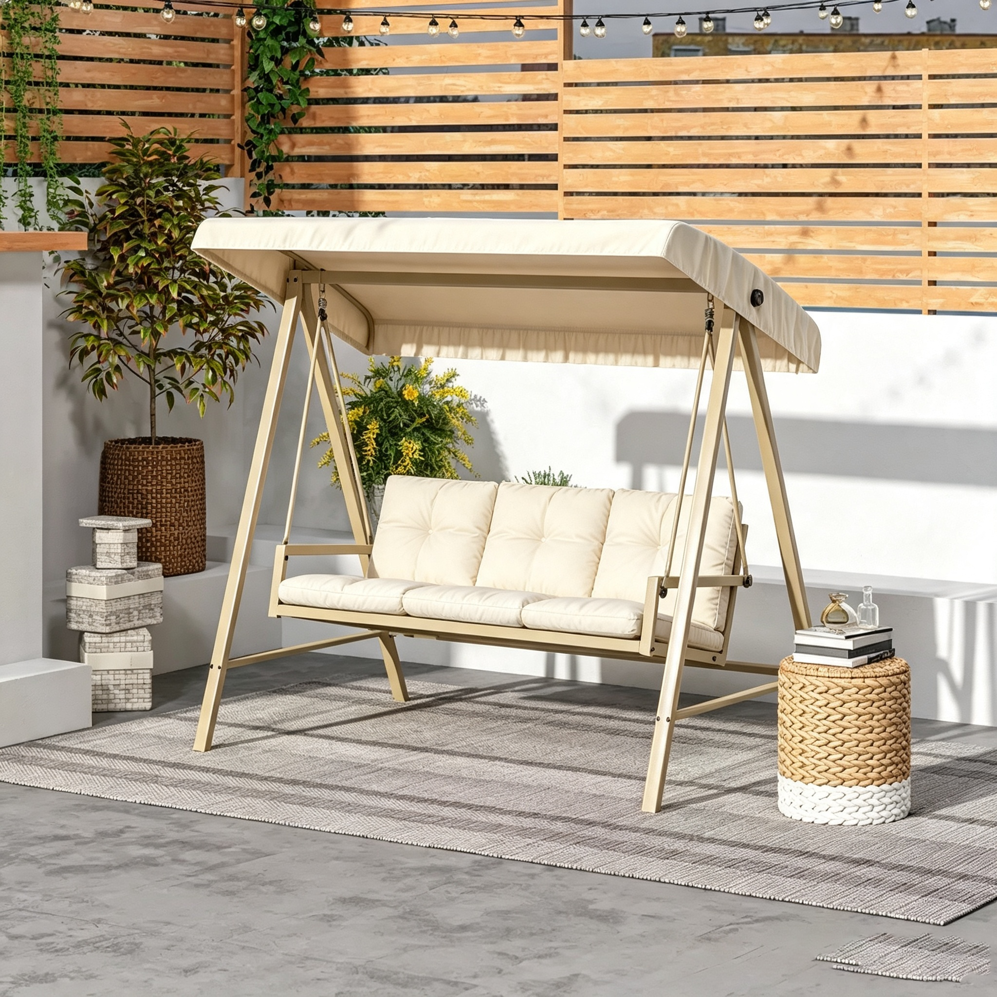 Balançoire de porche 3 places, balancelle de terrasse avec auvent réglable, coussins amovibles pour jardin, cour et bord de piscine