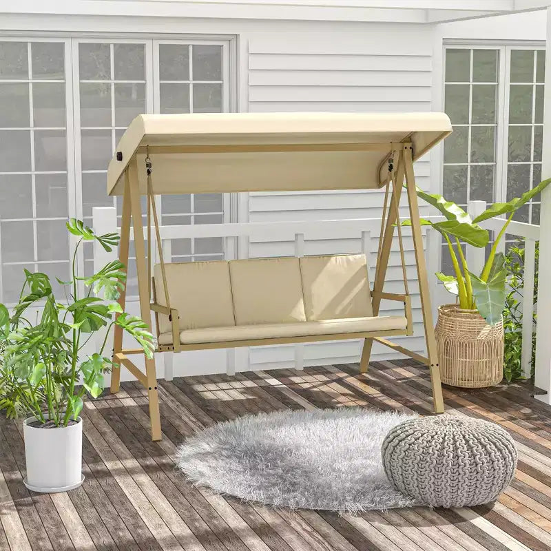 Balançoire de porche 3 places, balancelle de terrasse avec auvent réglable, coussins amovibles pour jardin, cour et bord de piscine