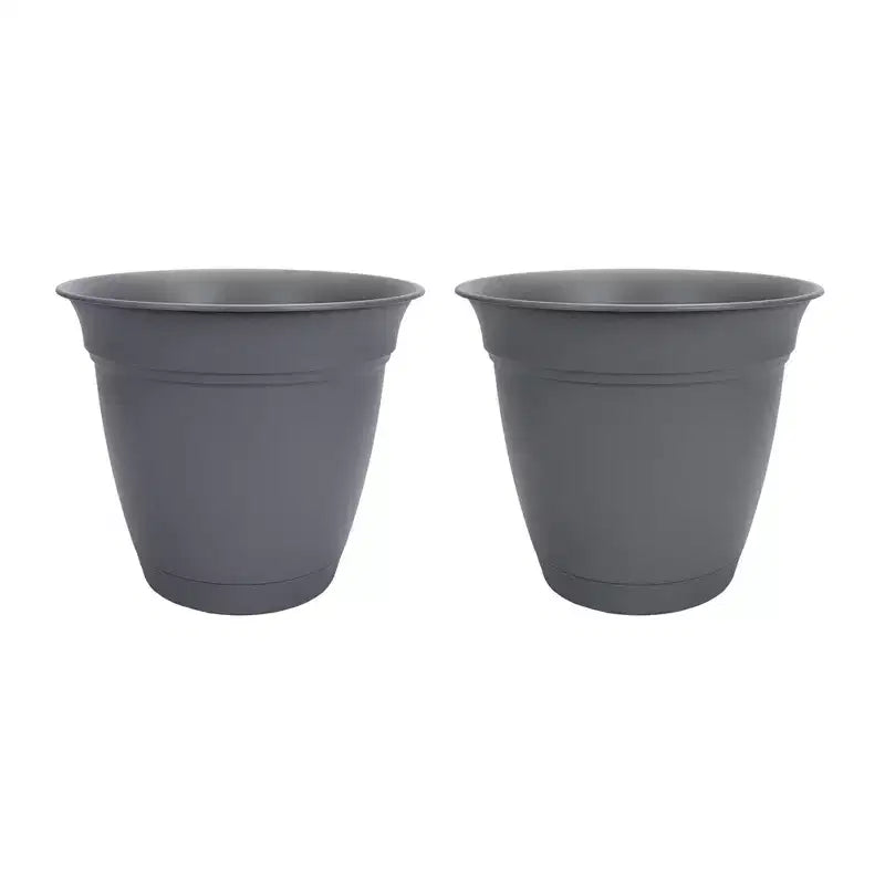 HC Companies 12 Inch Eclipse Planter Indoor Outdoor Round Classic Pot w/ Attached Saucer for Flowers, Vegetables, and Succulents, Warm Gray (2 Pack)