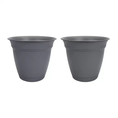 HC Companies 12 Inch Eclipse Planter Indoor Outdoor Round Classic Pot w/ Attached Saucer for Flowers, Vegetables, and Succulents, Warm Gray (2 Pack)
