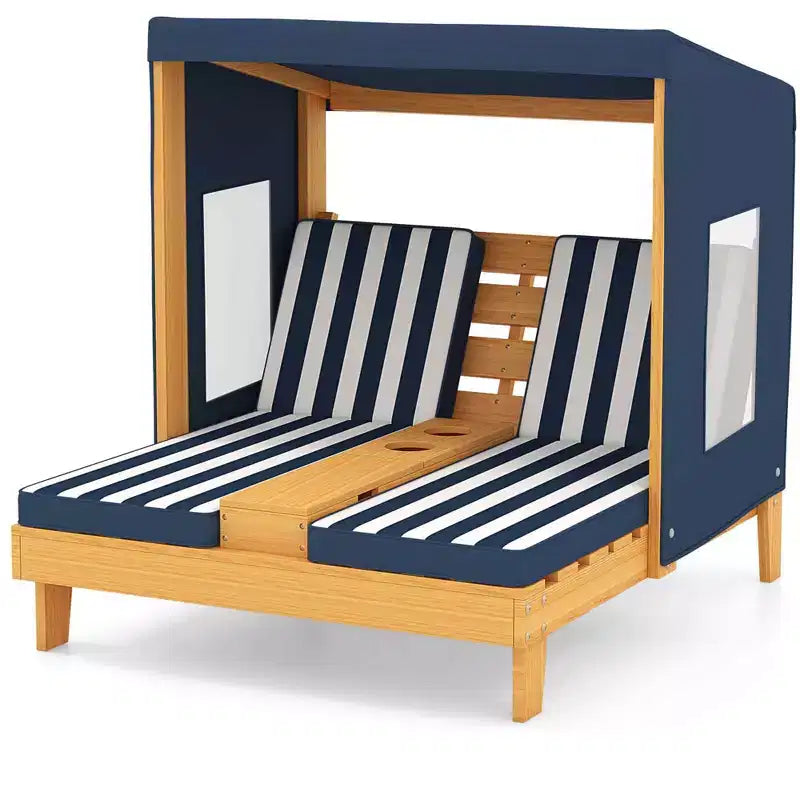 Chaise longue double pour enfants avec porte-gobelets et auvent Bleu/Coloré/Marron