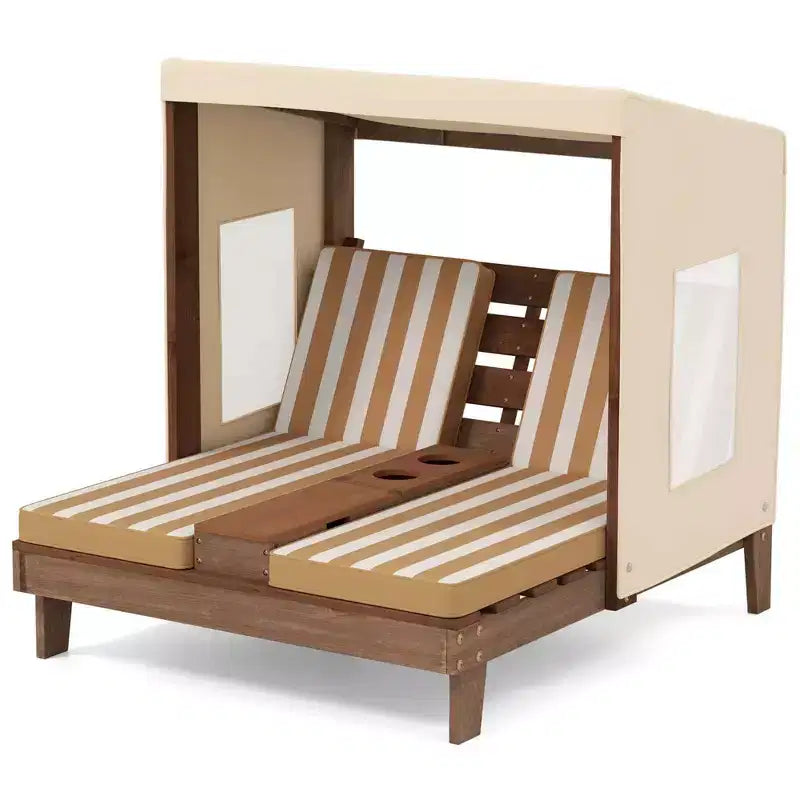 Chaise longue double pour enfants avec porte-gobelets et auvent Bleu/Coloré/Marron