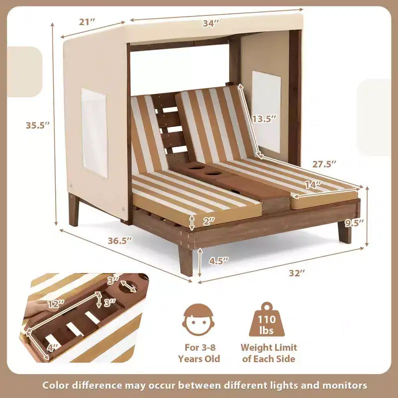 Chaise longue double pour enfants avec porte-gobelets et auvent Bleu/Coloré/Marron