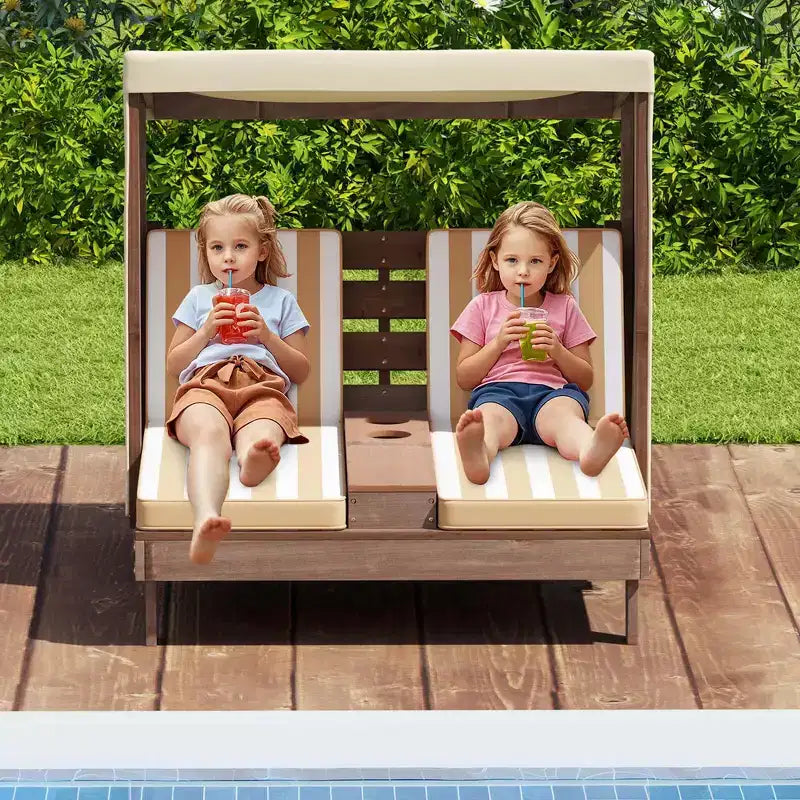 Chaise longue double pour enfants avec porte-gobelets et auvent Bleu/Coloré/Marron