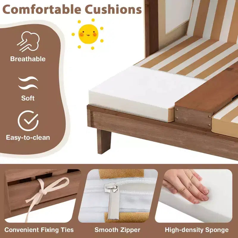 Chaise longue double pour enfants avec porte-gobelets et auvent Bleu/Coloré/Marron