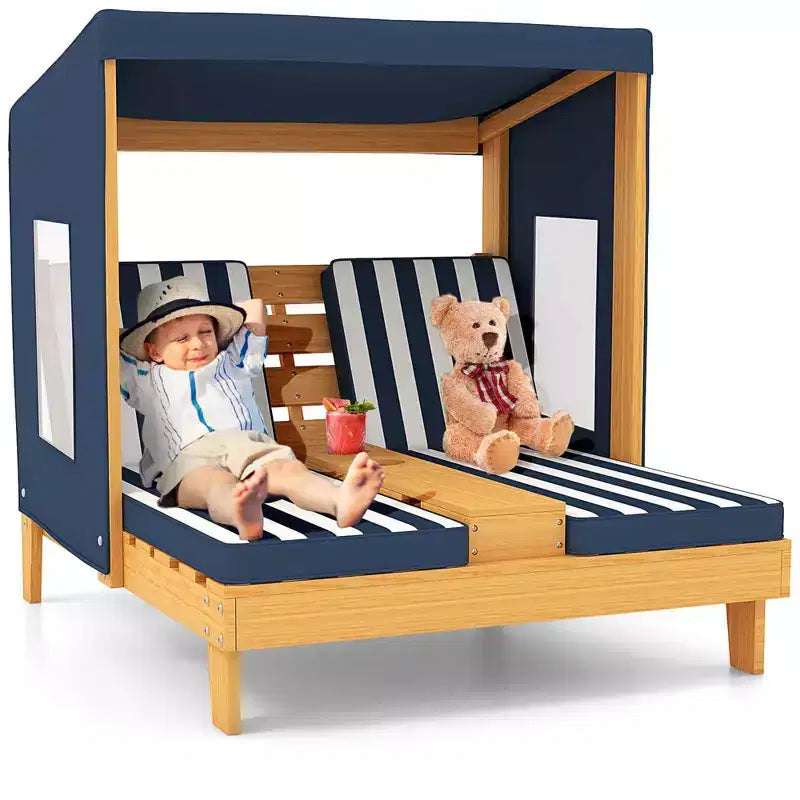 Chaise longue double pour enfants avec porte-gobelets et auvent Bleu/Coloré/Marron