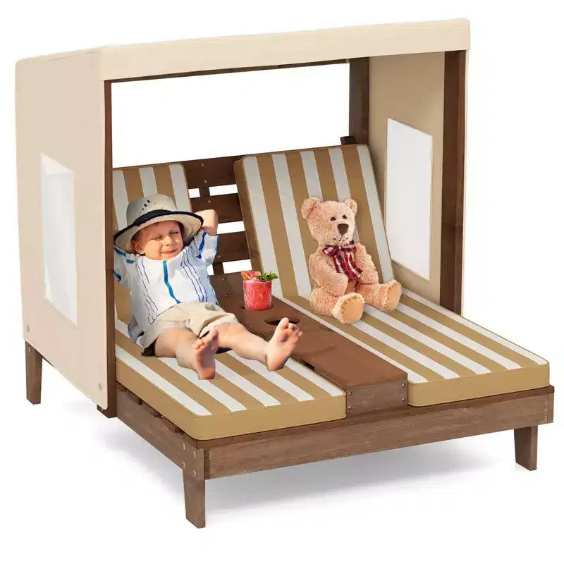 Chaise longue double pour enfants avec porte-gobelets et auvent Bleu/Coloré/Marron