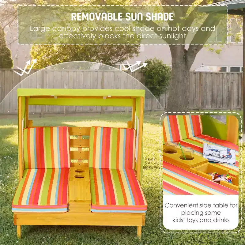 Chaise longue double pour enfants avec porte-gobelets et auvent Bleu/Coloré/Marron