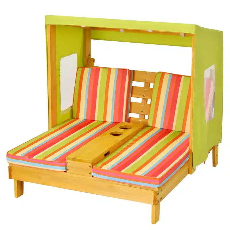 Chaise longue double pour enfants avec porte-gobelets et auvent Bleu/Coloré/Marron