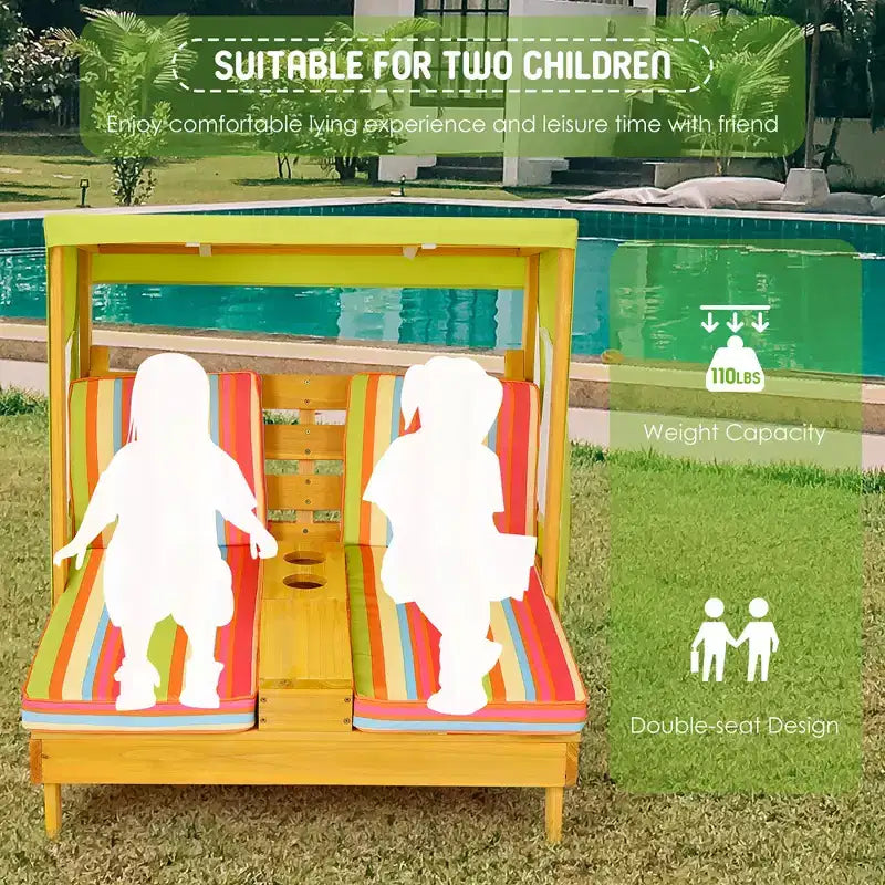 Chaise longue double pour enfants avec porte-gobelets et auvent Bleu/Coloré/Marron