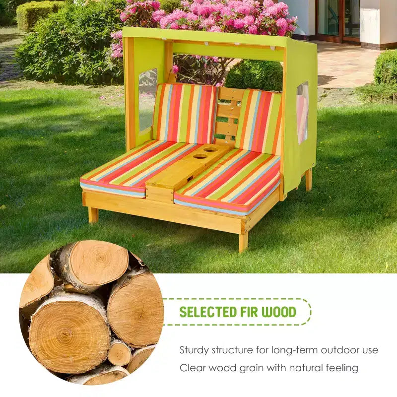 Chaise longue double pour enfants avec porte-gobelets et auvent Bleu/Coloré/Marron