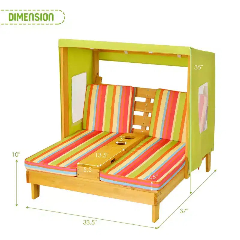 Chaise longue double pour enfants avec porte-gobelets et auvent Bleu/Coloré/Marron