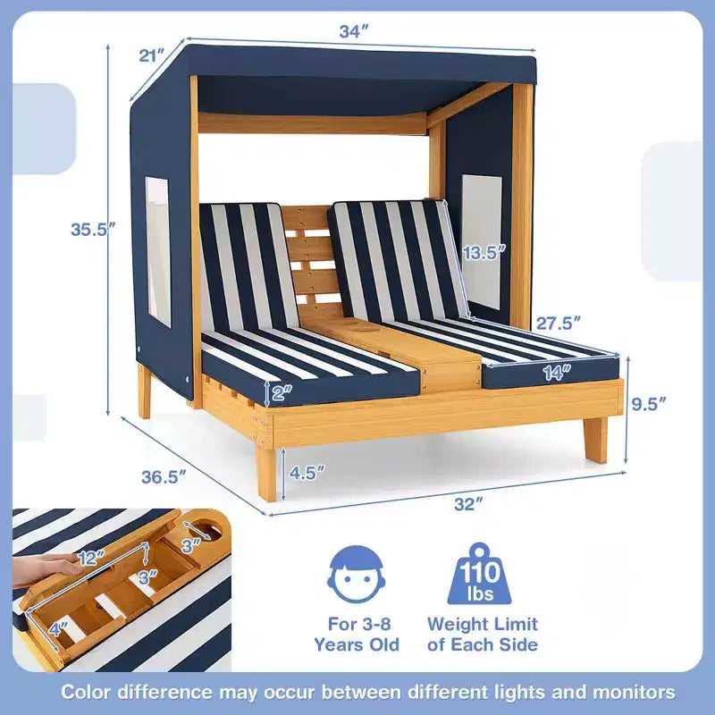 Chaise longue double pour enfants avec porte-gobelets et auvent Bleu/Coloré/Marron
