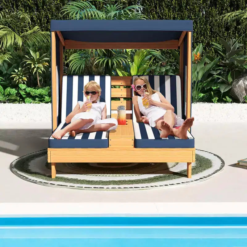 Chaise longue double pour enfants avec porte-gobelets et auvent Bleu/Coloré/Marron