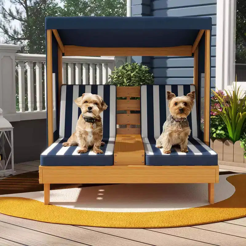 Chaise longue double pour enfants avec porte-gobelets et auvent Bleu/Coloré/Marron