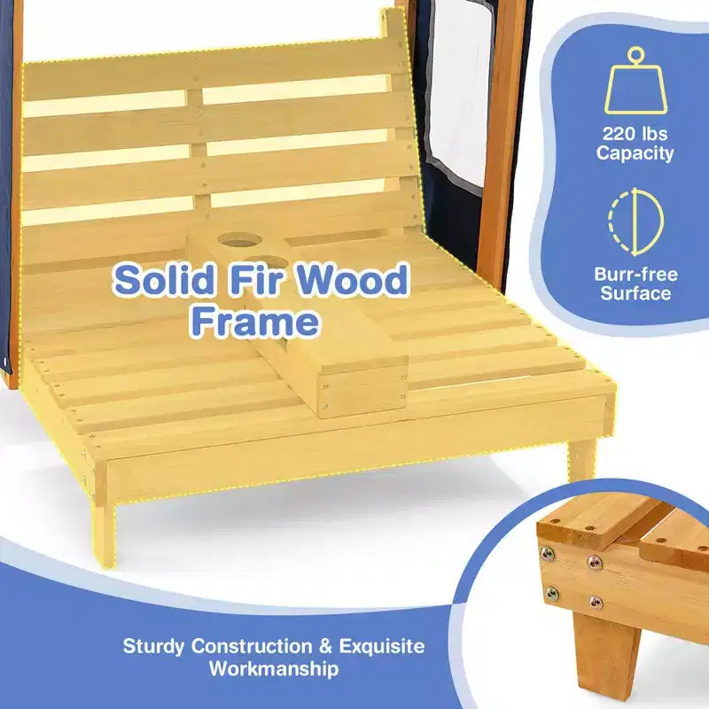 Chaise longue double pour enfants avec porte-gobelets et auvent Bleu/Coloré/Marron
