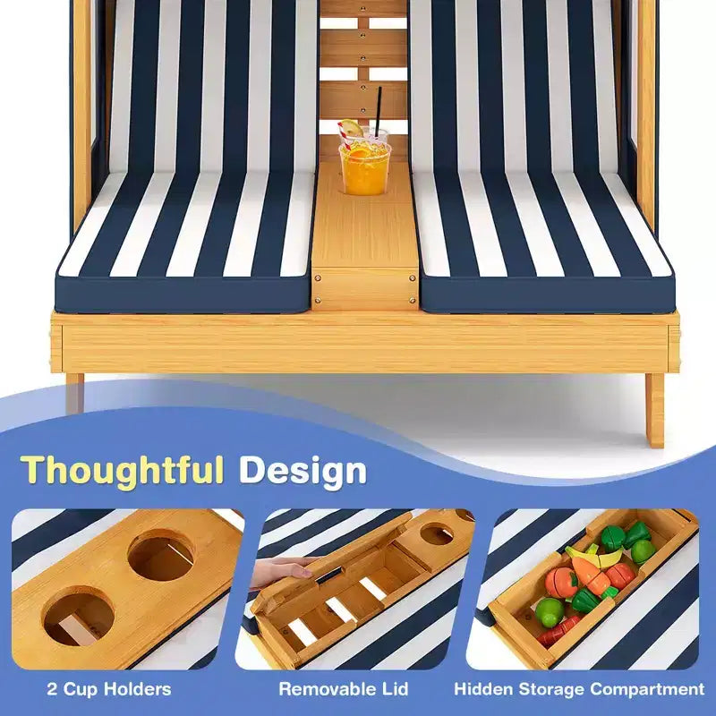 Chaise longue double pour enfants avec porte-gobelets et auvent Bleu/Coloré/Marron