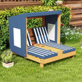 Costway Kids Double Chaise Lounge Patio Lounge Chair with Cup Holders & Awning Blue/Colorful/Brown
