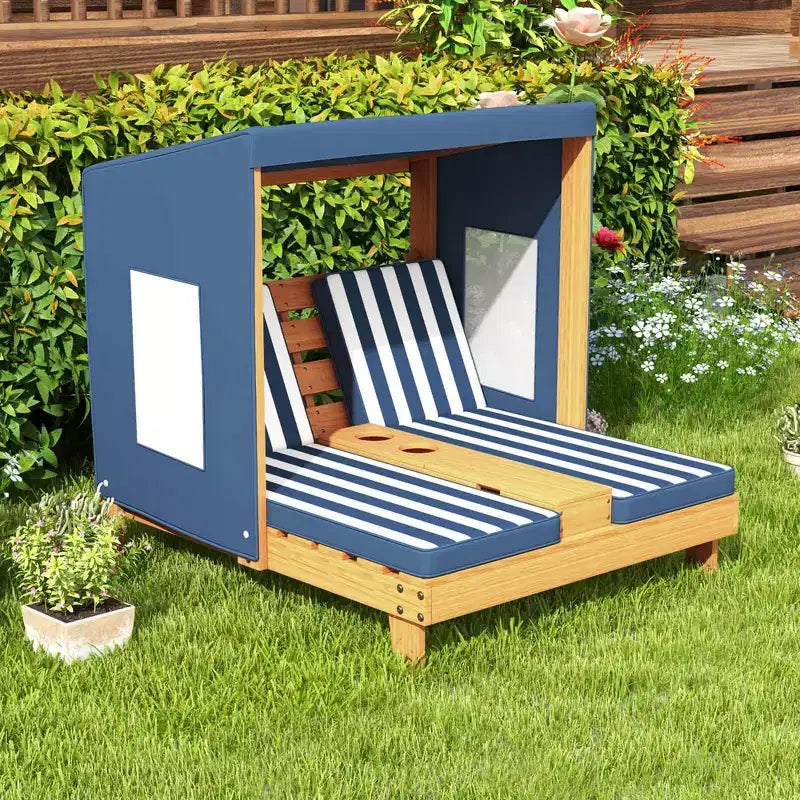 Costway Kids Double Chaise Lounge Patio Lounge Chair with Cup Holders & Awning Blue/Colorful/Brown