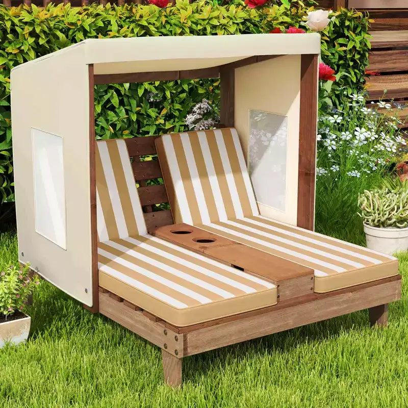 Chaise longue double pour enfants avec porte-gobelets et auvent Bleu/Coloré/Marron