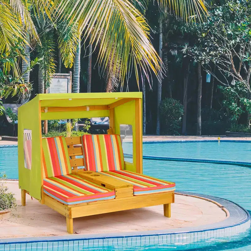 Chaise longue double pour enfants avec porte-gobelets et auvent Bleu/Coloré/Marron